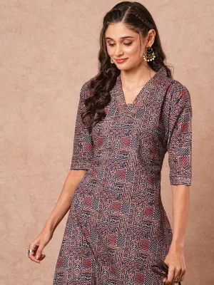 Ethnic Geometric Foil Printed A-Line Kurta with Palazzo - Navy Blue