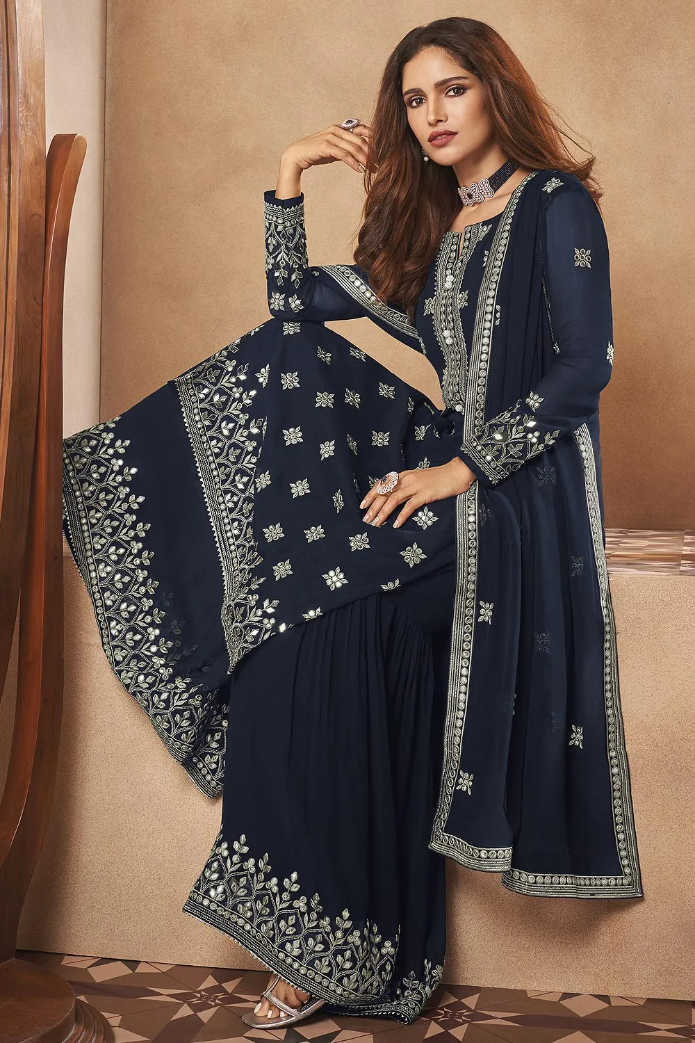 Georgette Navy Blue Mirror Embroidered Sharara Suit