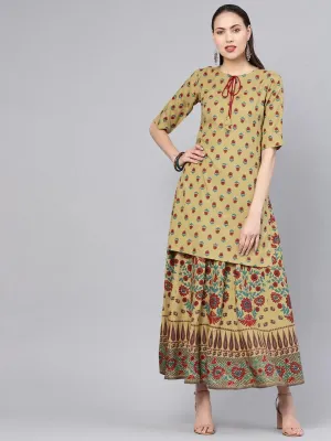 Green Printed Rayon Straight Kurta With Skirt