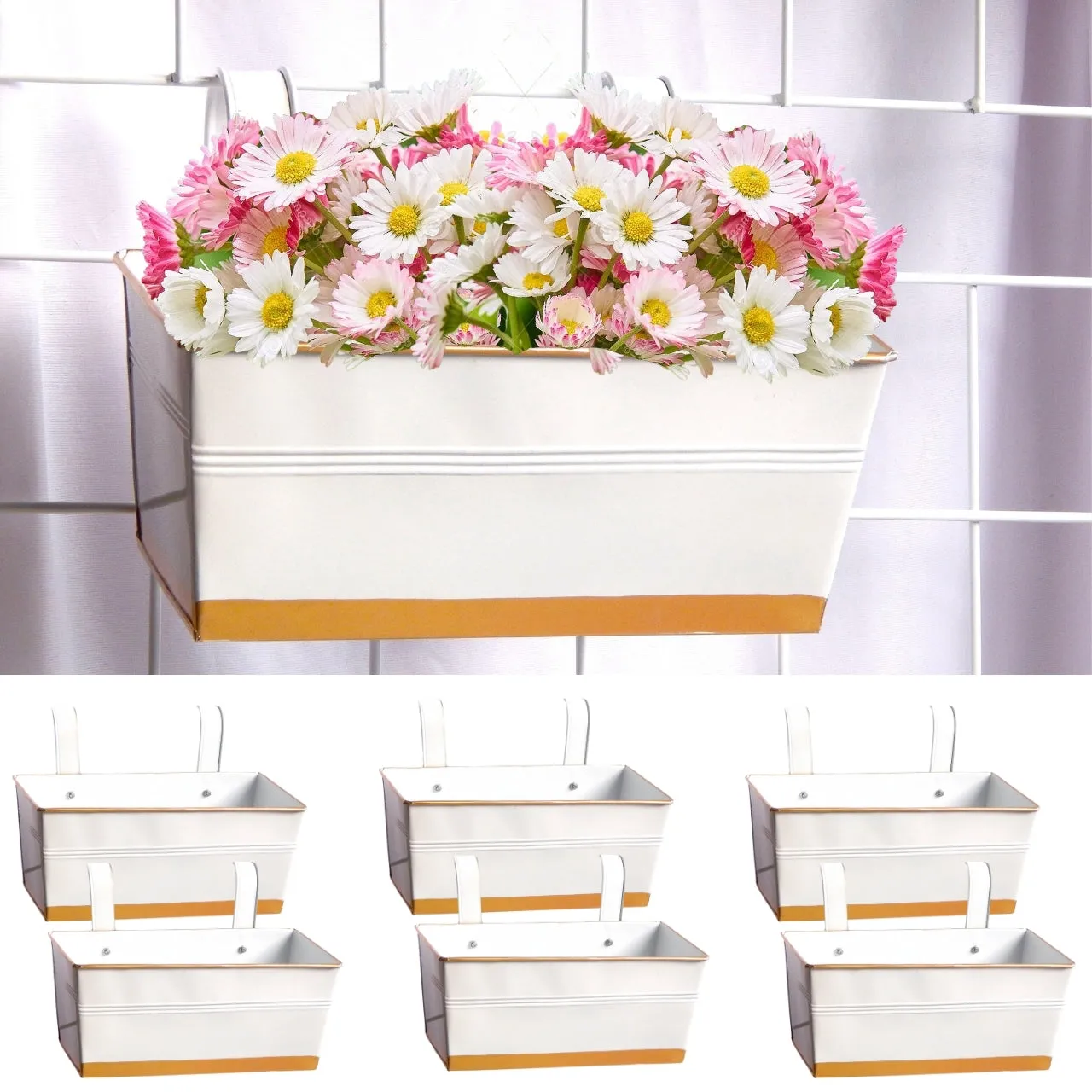 Premium Metal Design Rectangle Balcony Hanging Planters Flowers Not Included | Set Of 3
