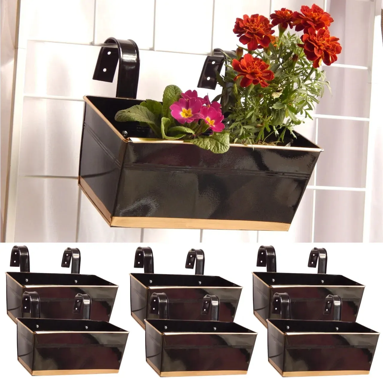 Premium Metal Design Rectangle Balcony Hanging Planters Flowers Not Included | Set Of 3