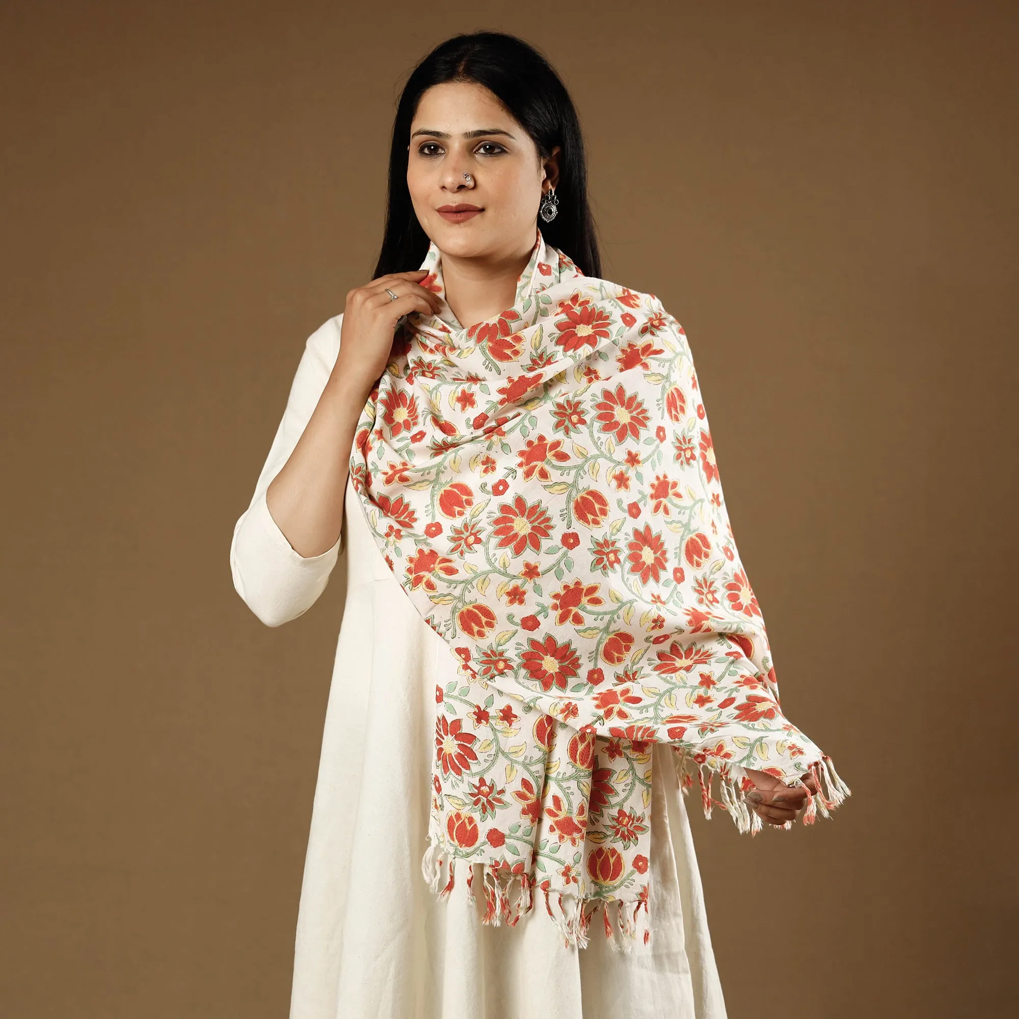 Red - Lotus Flowers Orange With White Sanganeri Block Printed Cotton Stoles With Tassels