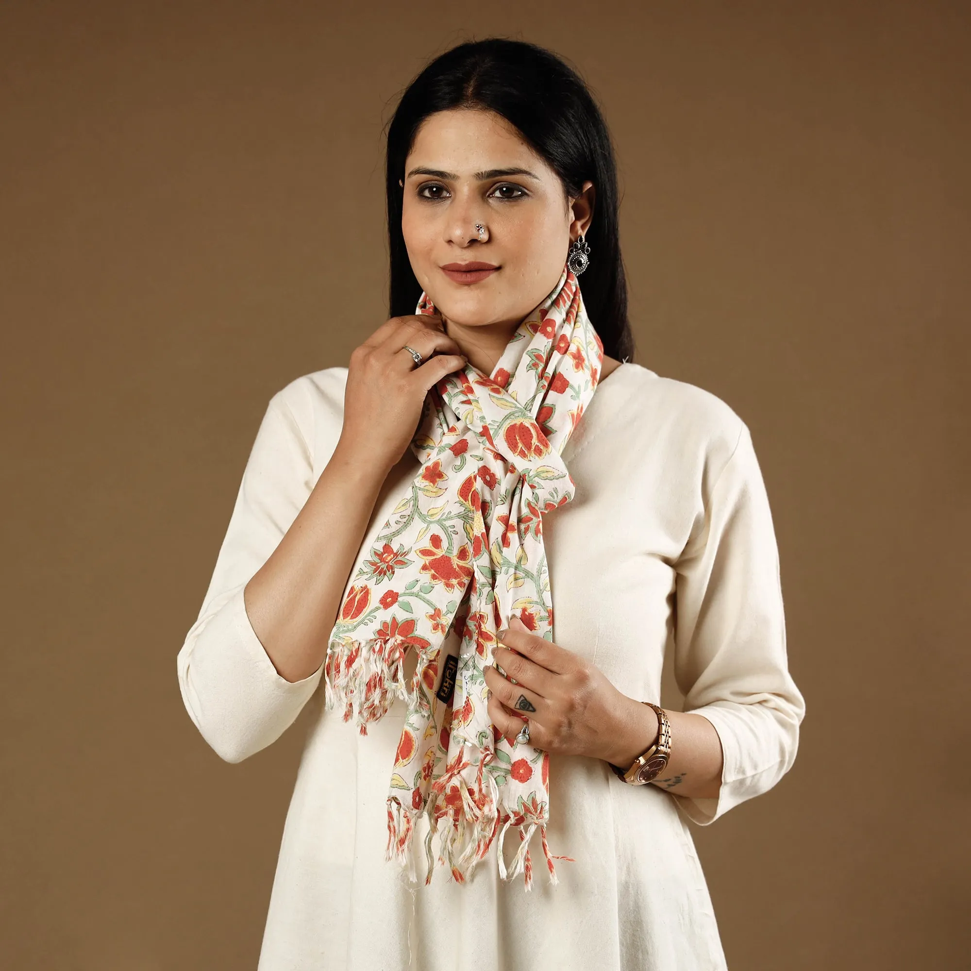 Red - Lotus Flowers Orange With White Sanganeri Block Printed Cotton Stoles With Tassels