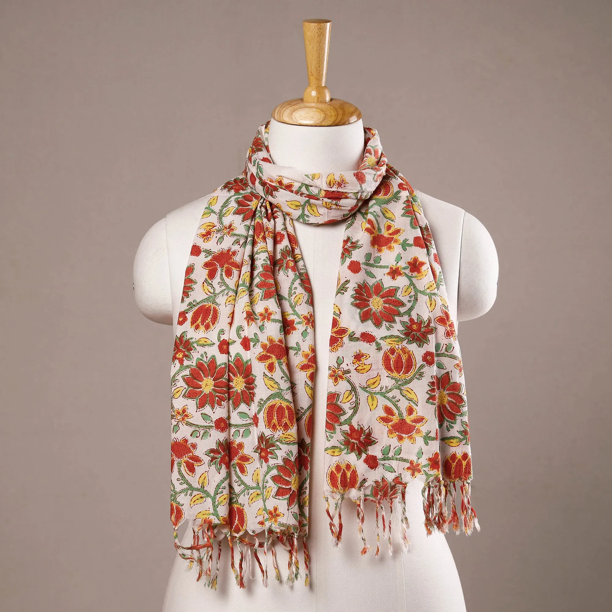 Red - Lotus Flowers Orange With White Sanganeri Block Printed Cotton Stoles With Tassels