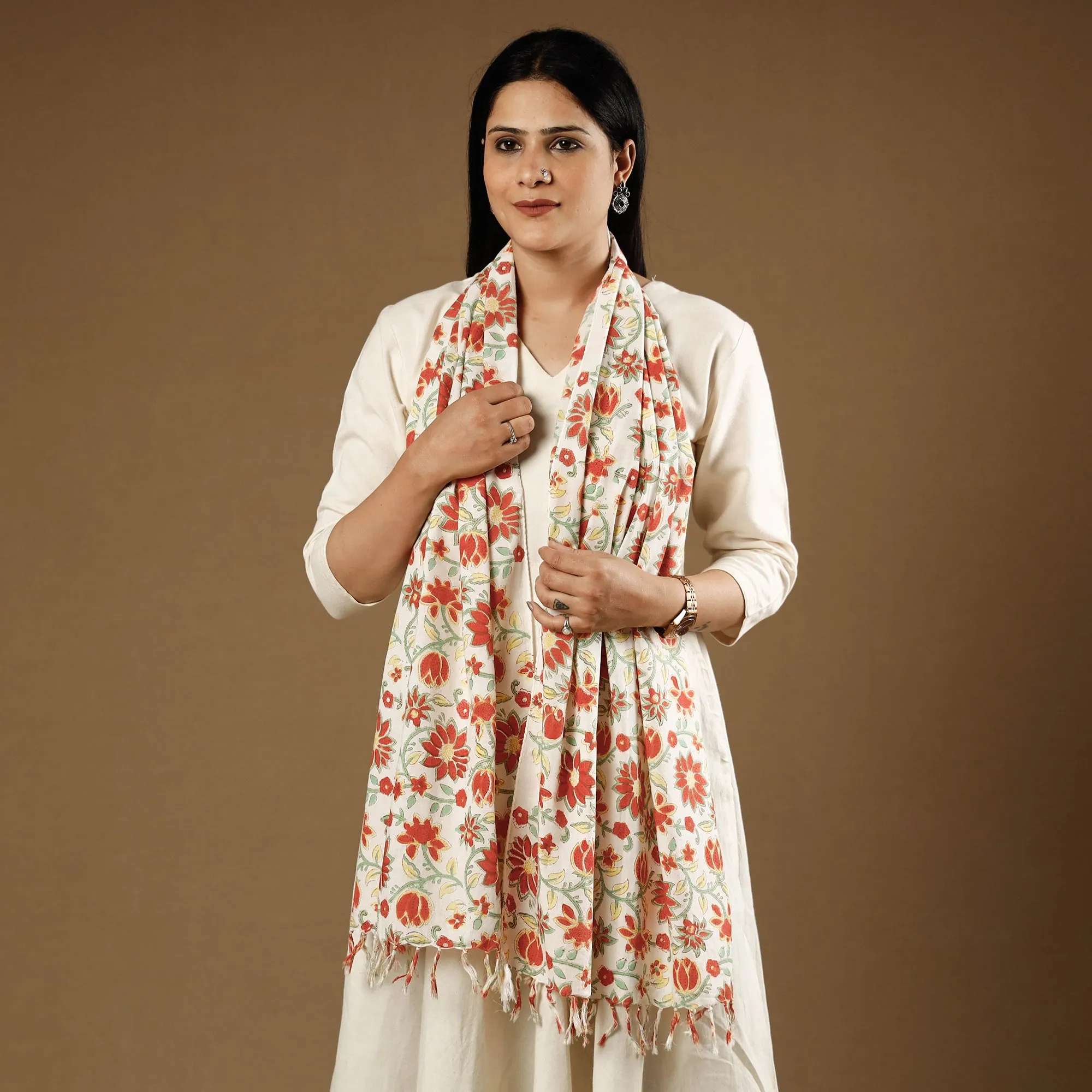 Red - Lotus Flowers Orange With White Sanganeri Block Printed Cotton Stoles With Tassels