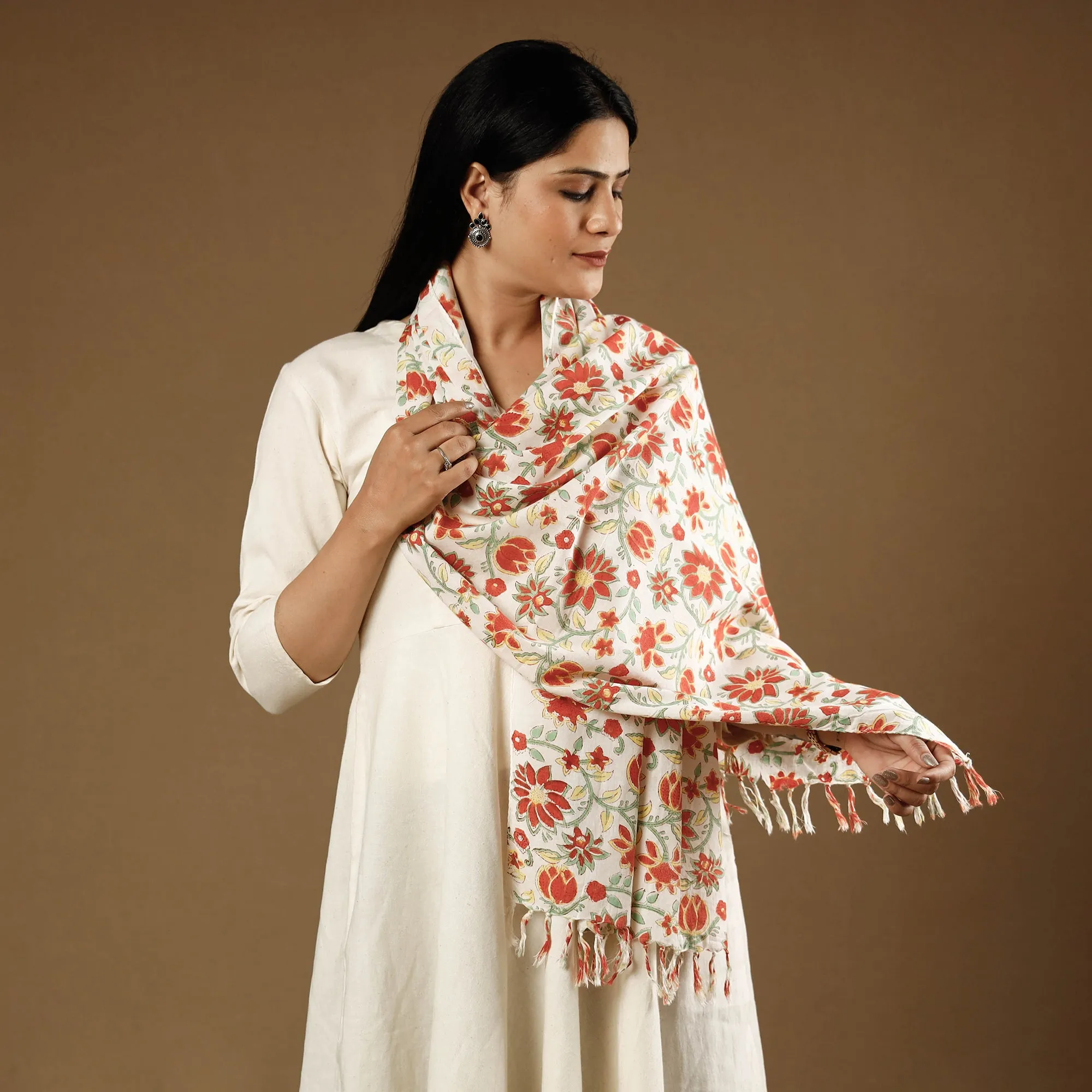 Red - Lotus Flowers Orange With White Sanganeri Block Printed Cotton Stoles With Tassels
