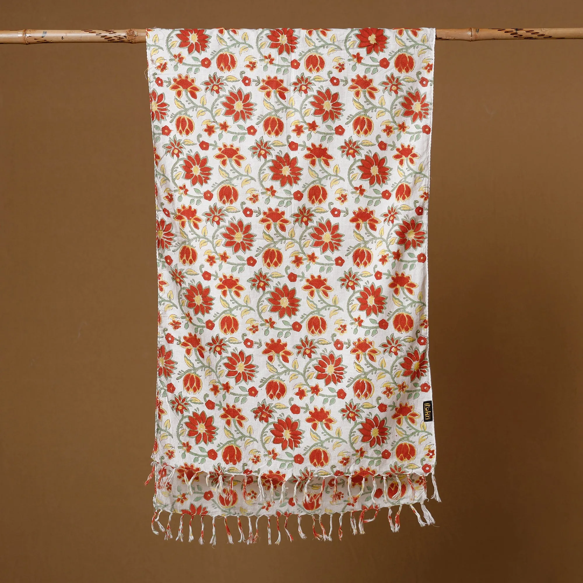 Red - Lotus Flowers Orange With White Sanganeri Block Printed Cotton Stoles With Tassels