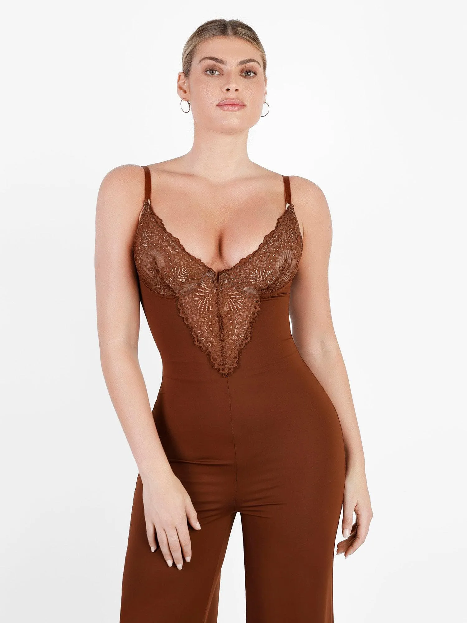 Shapewear Lace Deep V-Neck Sculpting Wide Leg Jumpsuit For Insiders