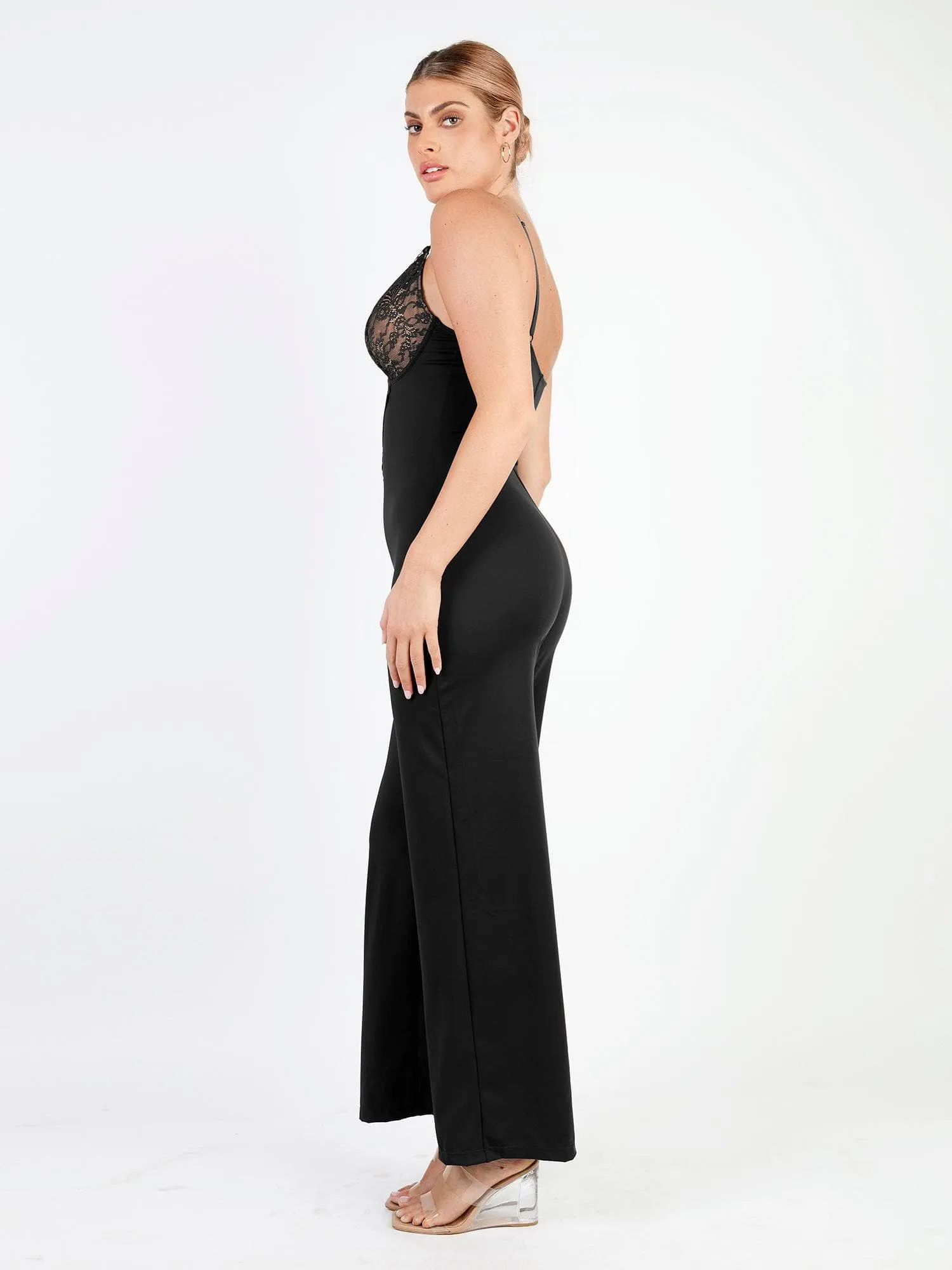 Shapewear Lace Deep V-Neck Sculpting Wide Leg Jumpsuit For Insiders