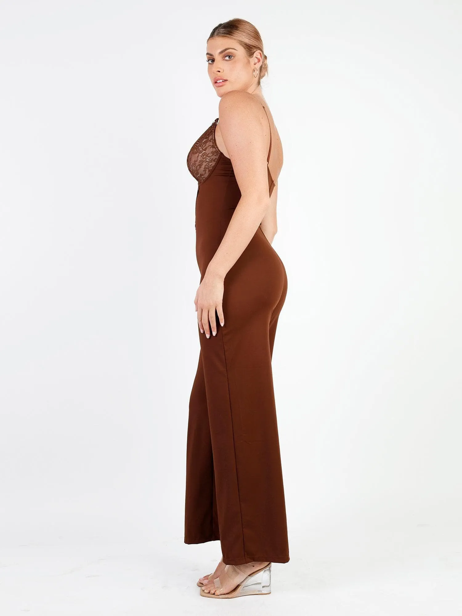 Shapewear Lace Deep V-Neck Sculpting Wide Leg Jumpsuit For Insiders