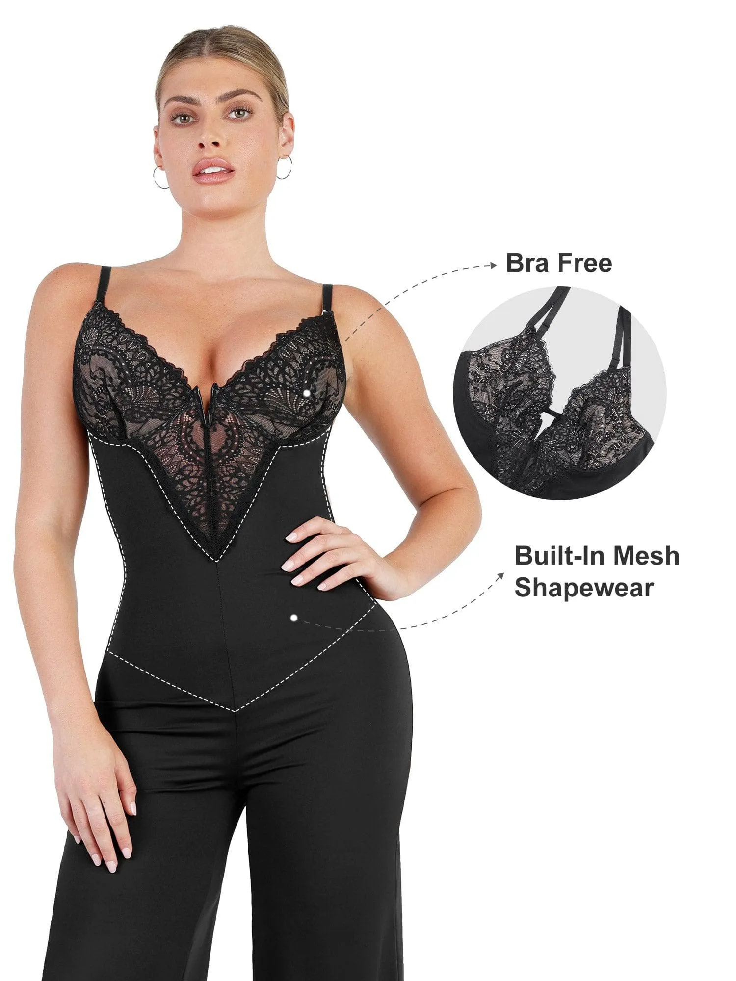 Shapewear Lace Deep V-Neck Sculpting Wide Leg Jumpsuit For Insiders