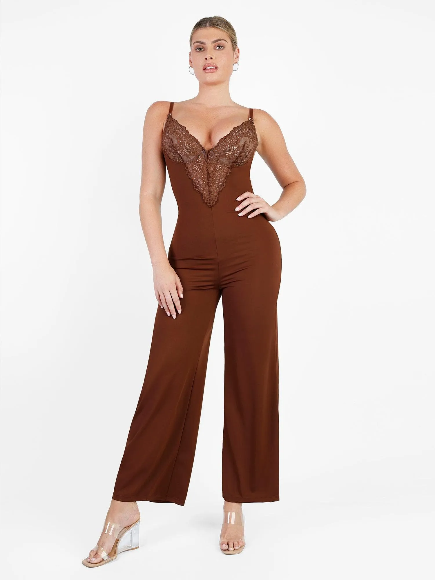 Shapewear Lace Deep V-Neck Sculpting Wide Leg Jumpsuit For Insiders