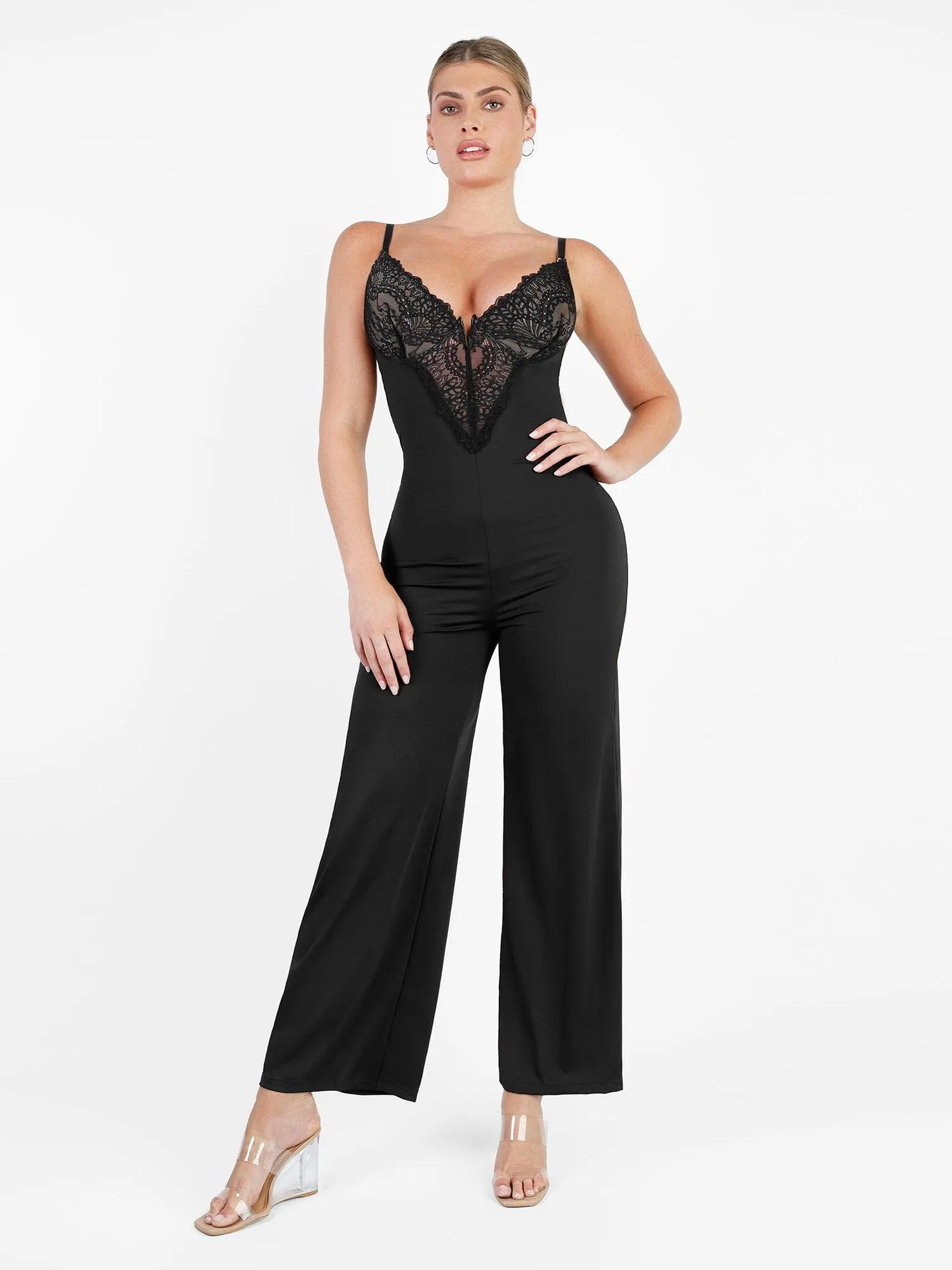 Shapewear Lace Deep V-Neck Sculpting Wide Leg Jumpsuit For Insiders