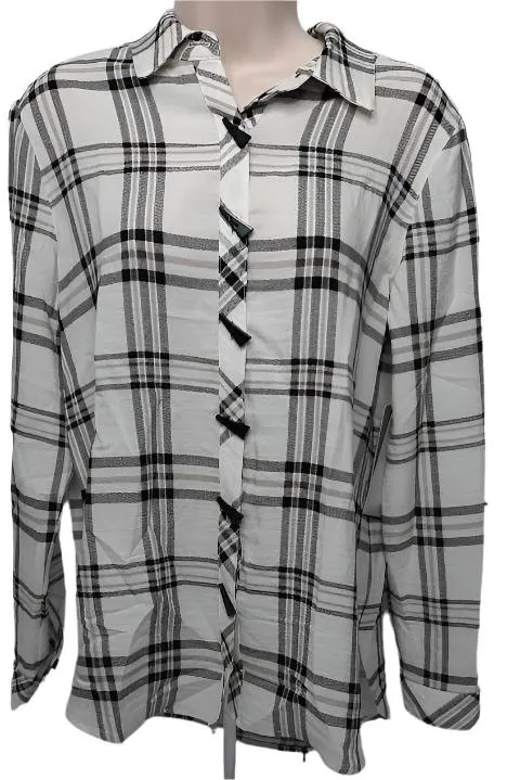 Shirt-White/Black-Button Front-Long Sleeve-Women's-M14210bm