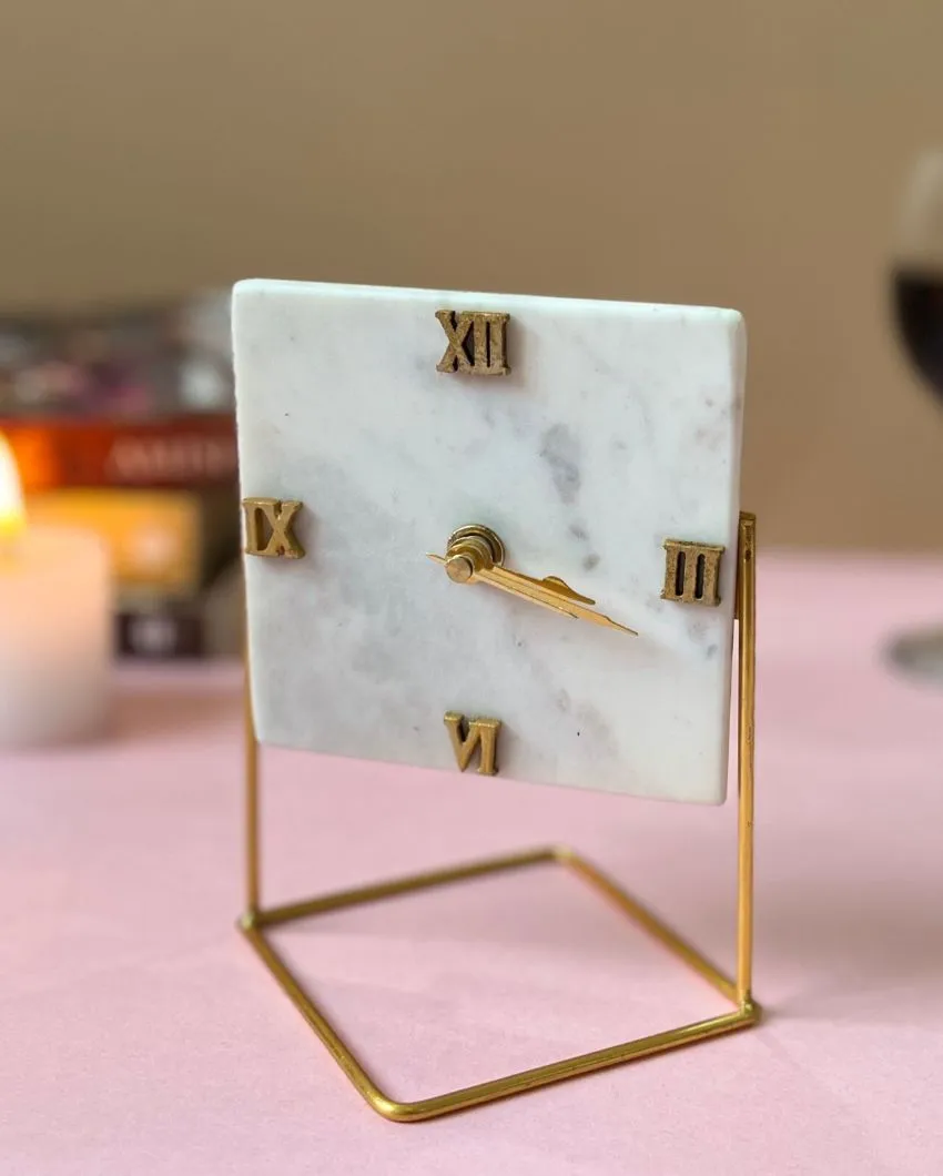 Square Marble Desktop Clock With Metal Stand | 5 x 5 x 6 inches