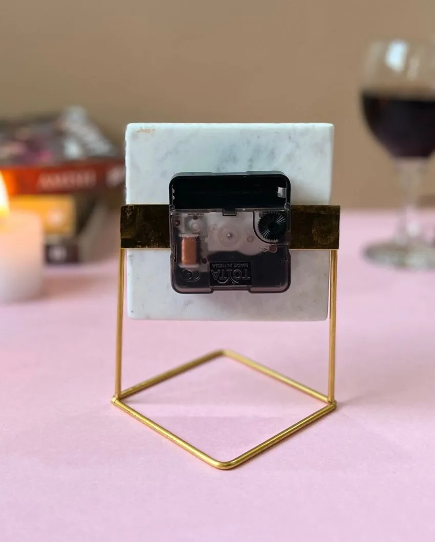 Square Marble Desktop Clock With Metal Stand | 5 x 5 x 6 inches