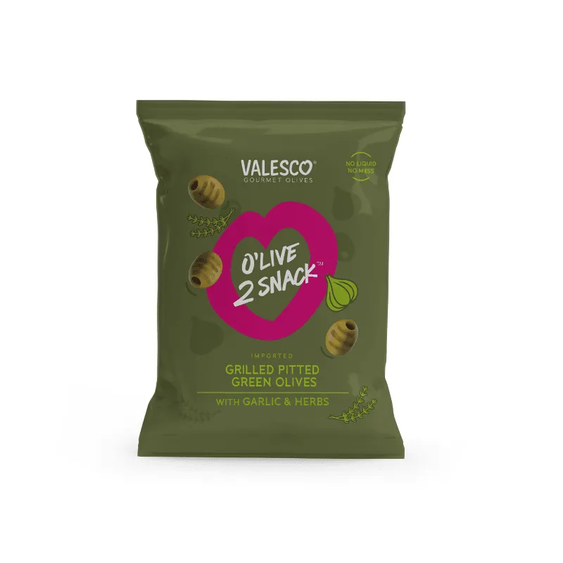 Valesco Grilled and Marinated Pitted Green O'lives 2 Snack, 1.1 oz