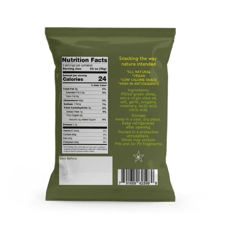 Valesco Grilled and Marinated Pitted Green O'lives 2 Snack, 1.1 oz